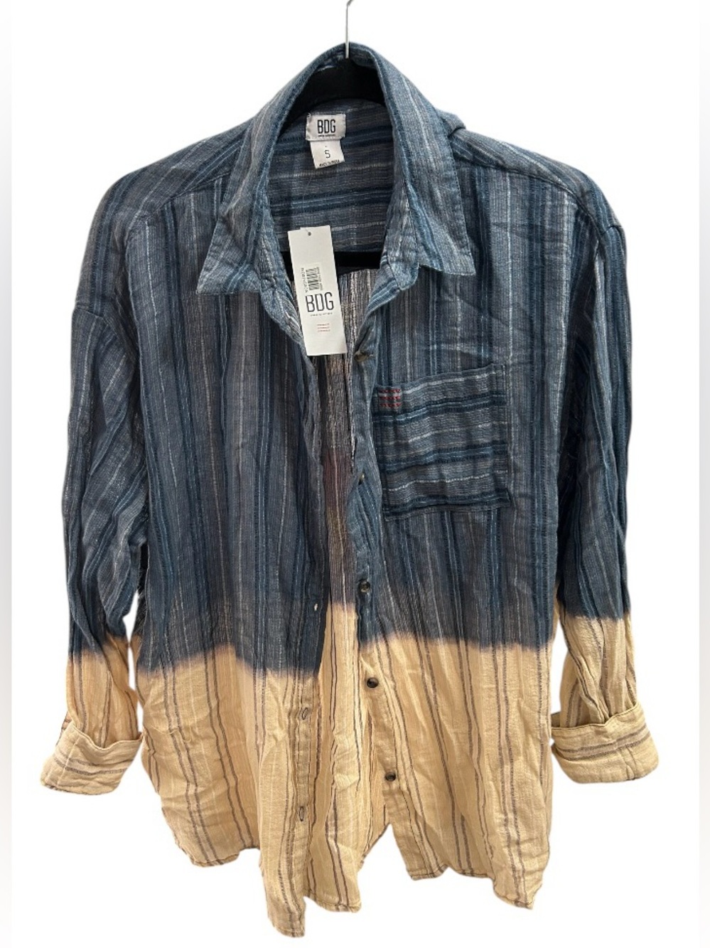 BDG Women’s oversized Small Dip-Dye Sadie Striped Button-Up Shirt Blue and Cream - Picture 2 of 8